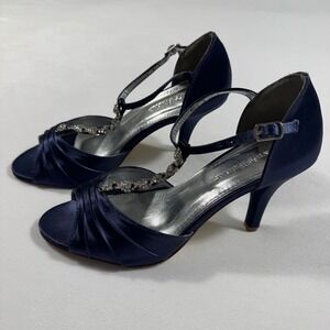 Davids Bridal Womens Size 7.5M Navy Blue‎ Satin Rhinestone Strappy Heels No Box
